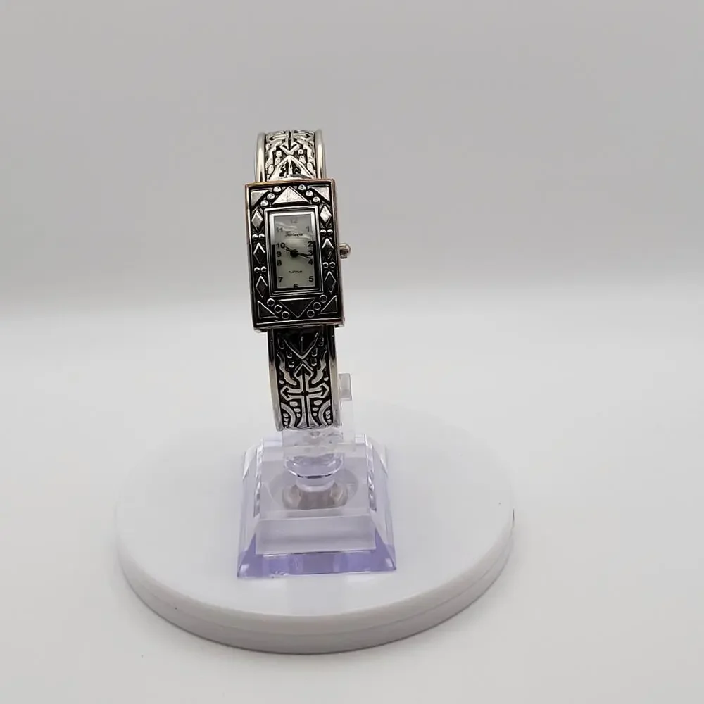 Geneva Platinum Cuff Watch Mother of Pearl Dial Silver Western Engraved New BAT